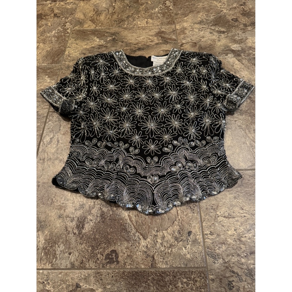 Vintage Papell Boutique Evening Black Silk Beaded Floral Peplum‎ Top PM